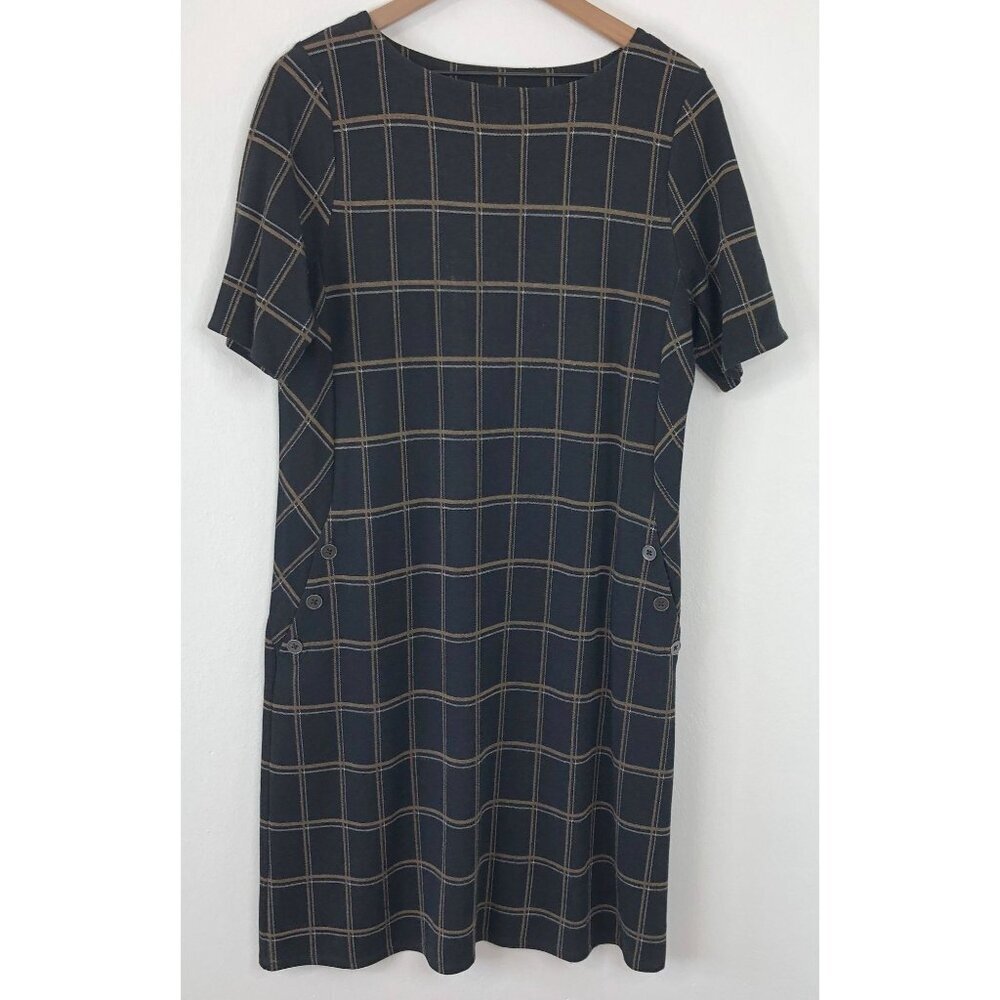 J.Jill Ponte Dress Women Medium Black Open Pane Plaid Short Sleeve Pockets